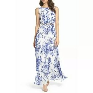 Eliza J Pleated Floral Chiffon Maxi Gown with Belt